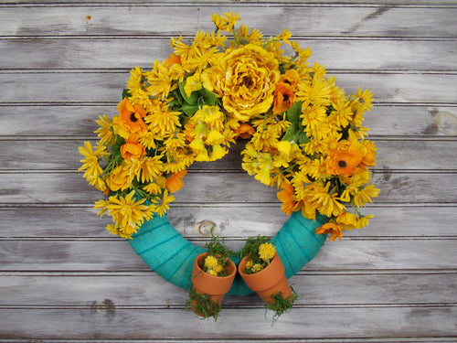 Blue and Yellow Wreath, Door Wreath, Burlap Wrapped Wreath, Medium Size Wreath, Terracotta Wreath