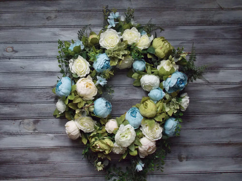 Blue and Green Peonies and Roses Door Wreath