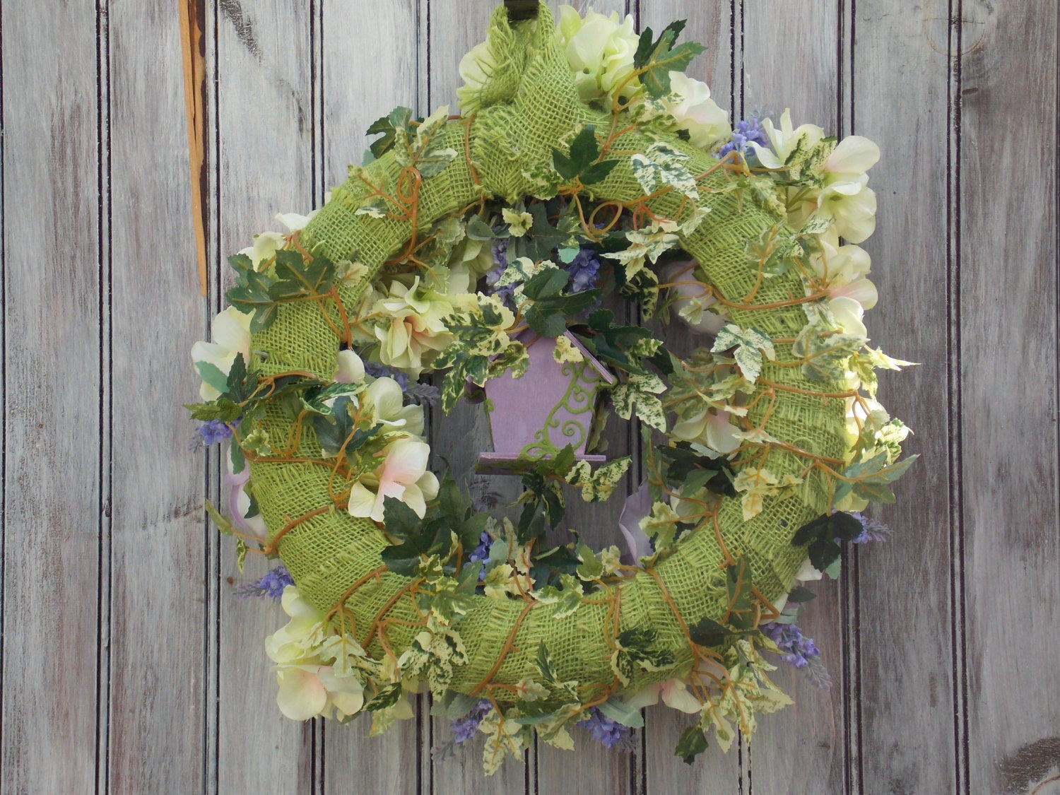 Purple Wreath, Unique Small Lilac and Green Indoor Wreath Flowers