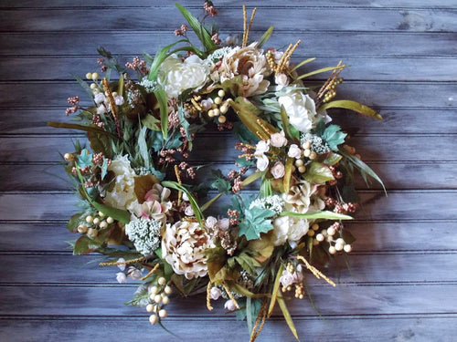 Large Beige & Green Farmhouse Door Wreath 